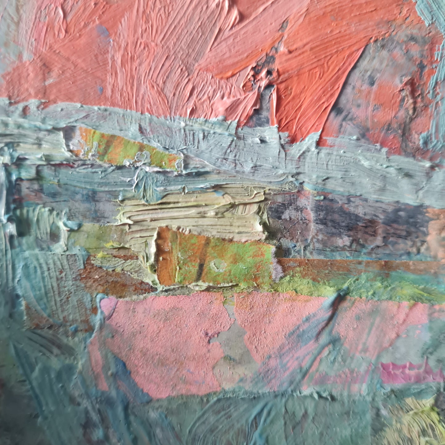 Abstract art with textured brushstrokes in orange, green, and grey.