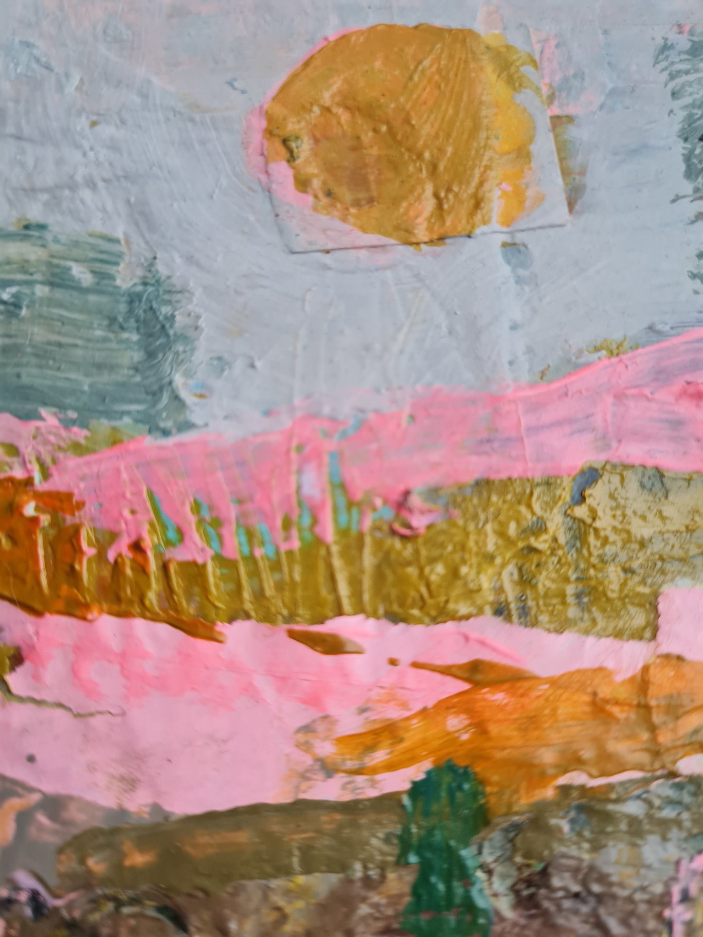 Abstract art piece with pink, gold, and green colours and textured brushstrokes