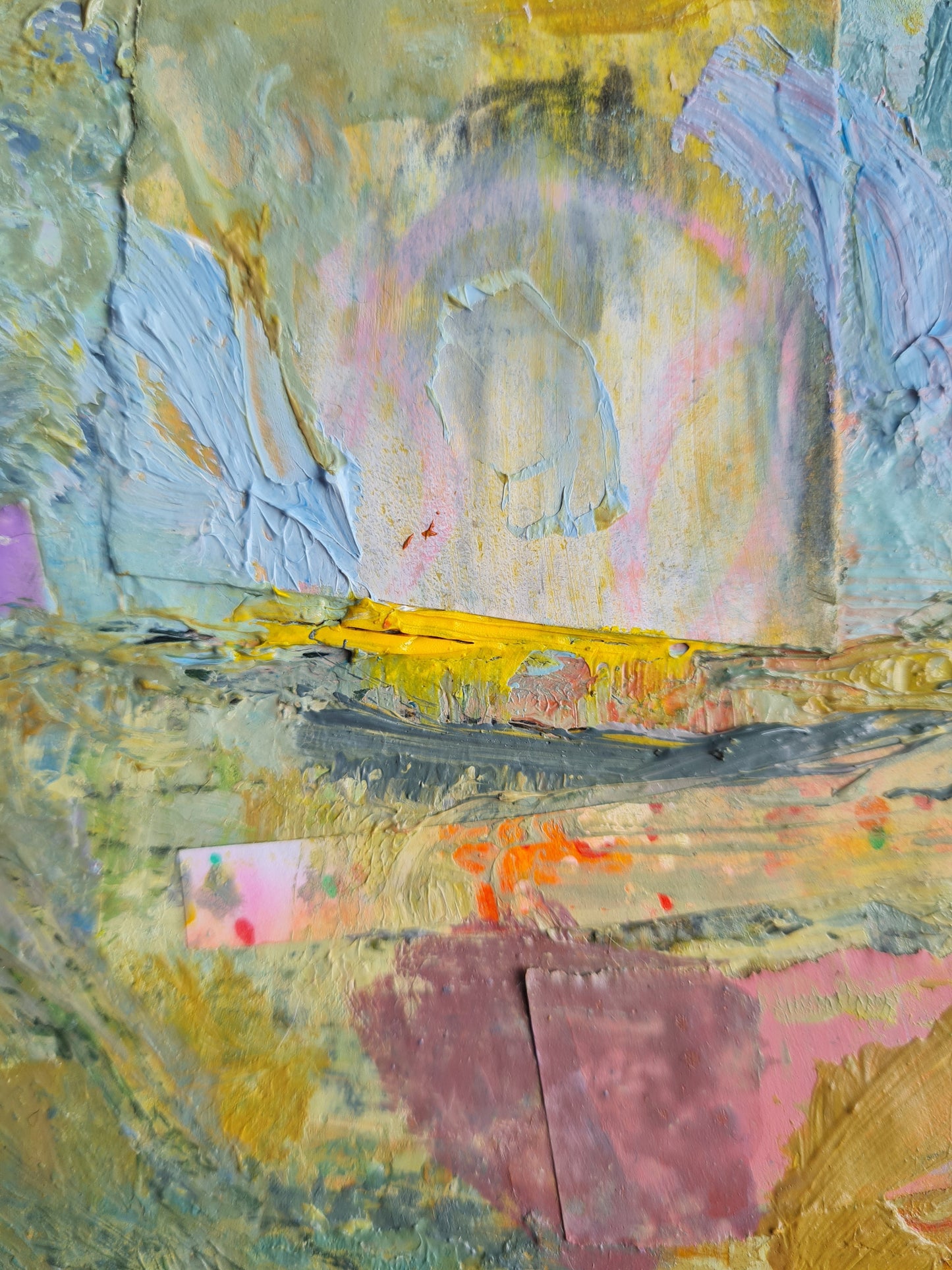 Abstract art close-up with textured brushstrokes in various colours