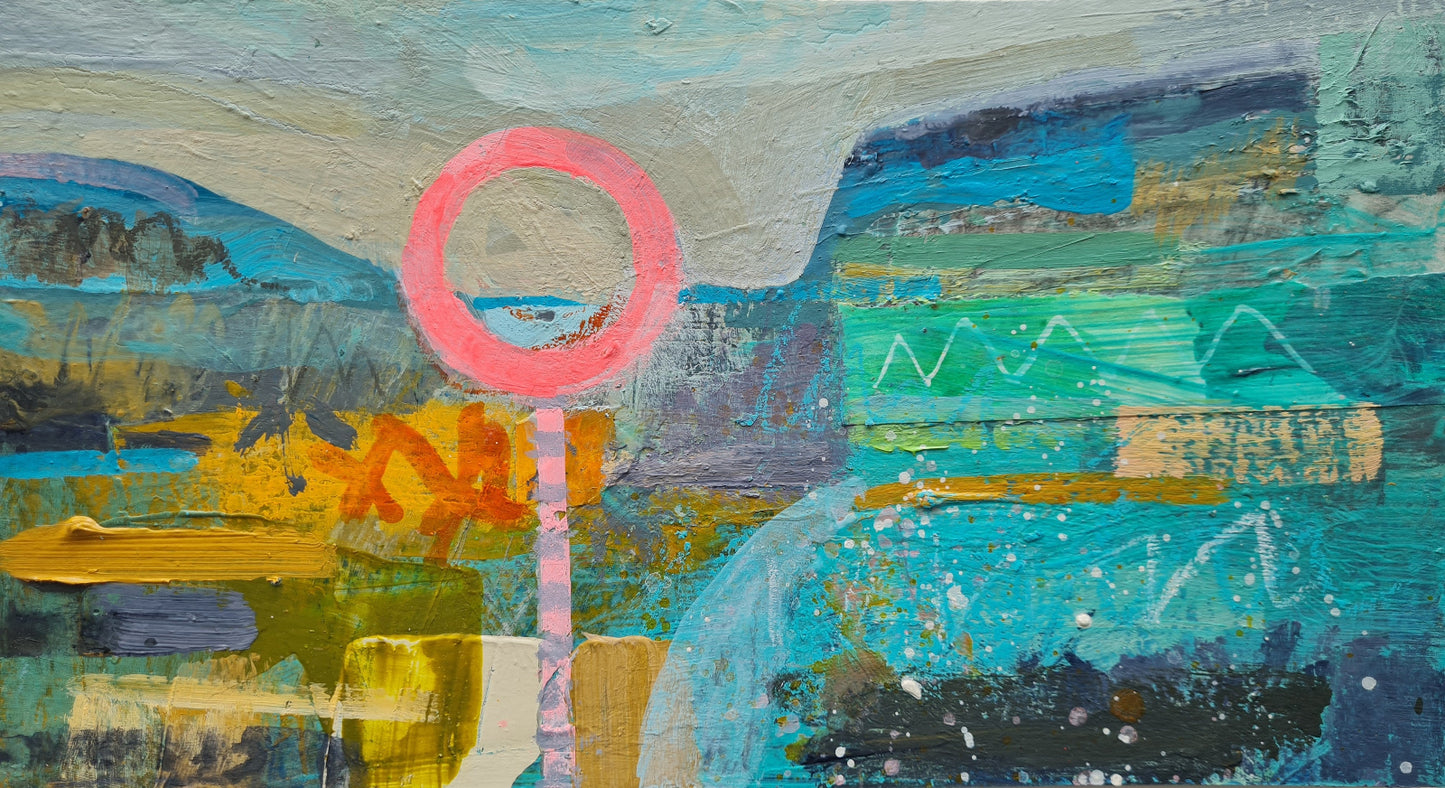 Colourful abstract landscape painting with a neon pink circle in the foreground and colourful blue, mustard, green and grey background