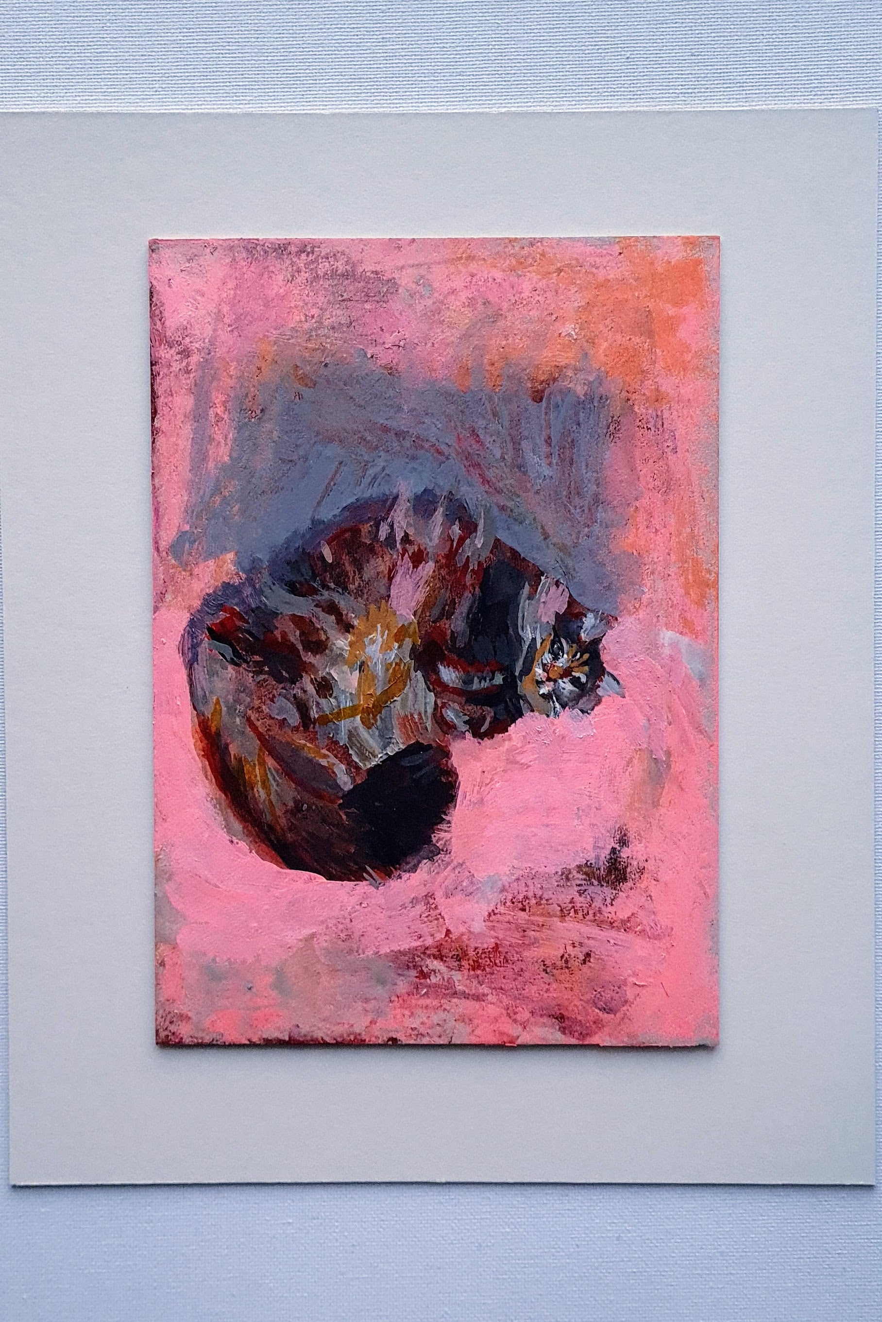 Painting of a long haired tabby cat on a pink floor painted by Julia Laing. The painting is on a white background.