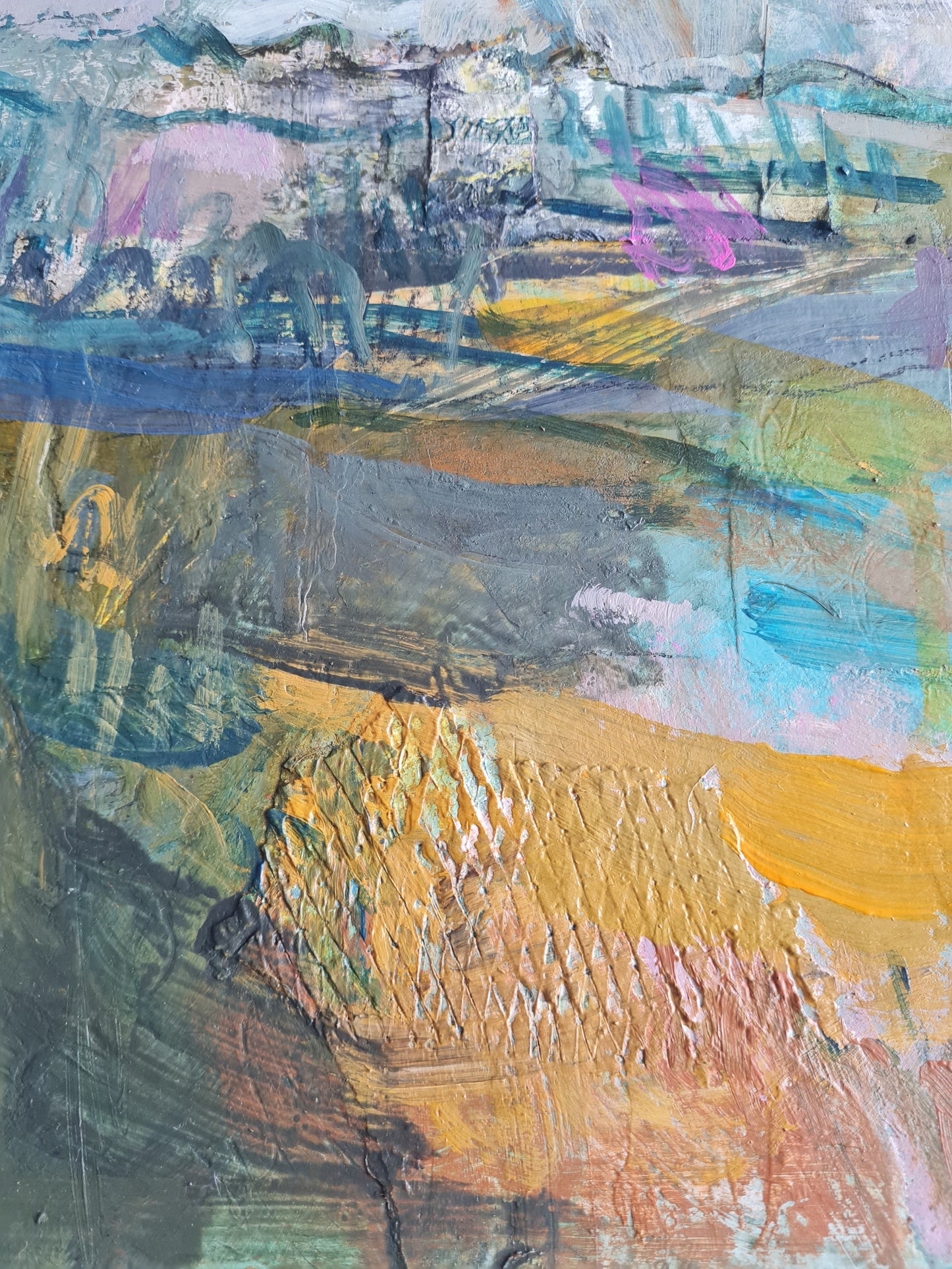 Abstract art with textured brushstrokes in a variety of colors