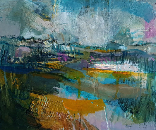 Expressive abstract landscape painting with a variety of colours and textures