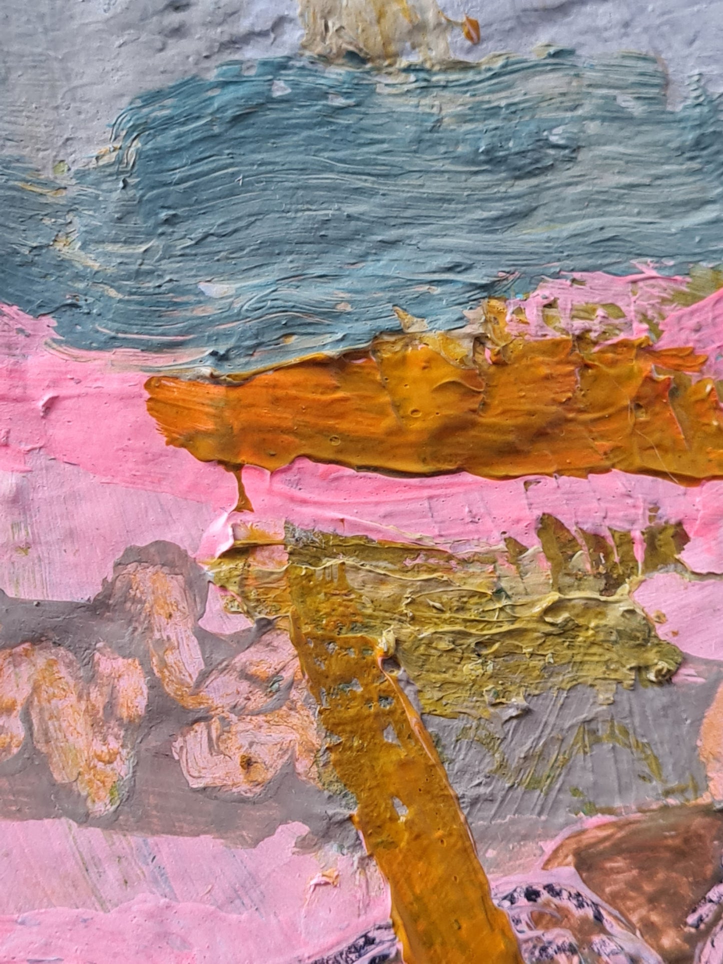 Abstract art detail with textured brushstrokes in pink, grey blue, and gold.