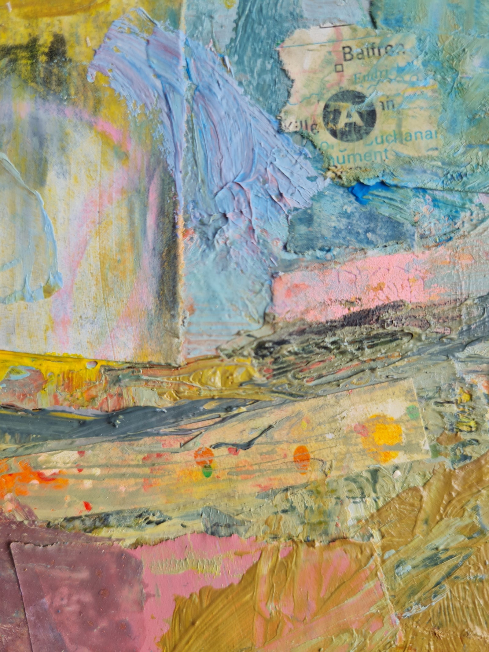 Abstract art piece with textured surface and multicoloured patterns