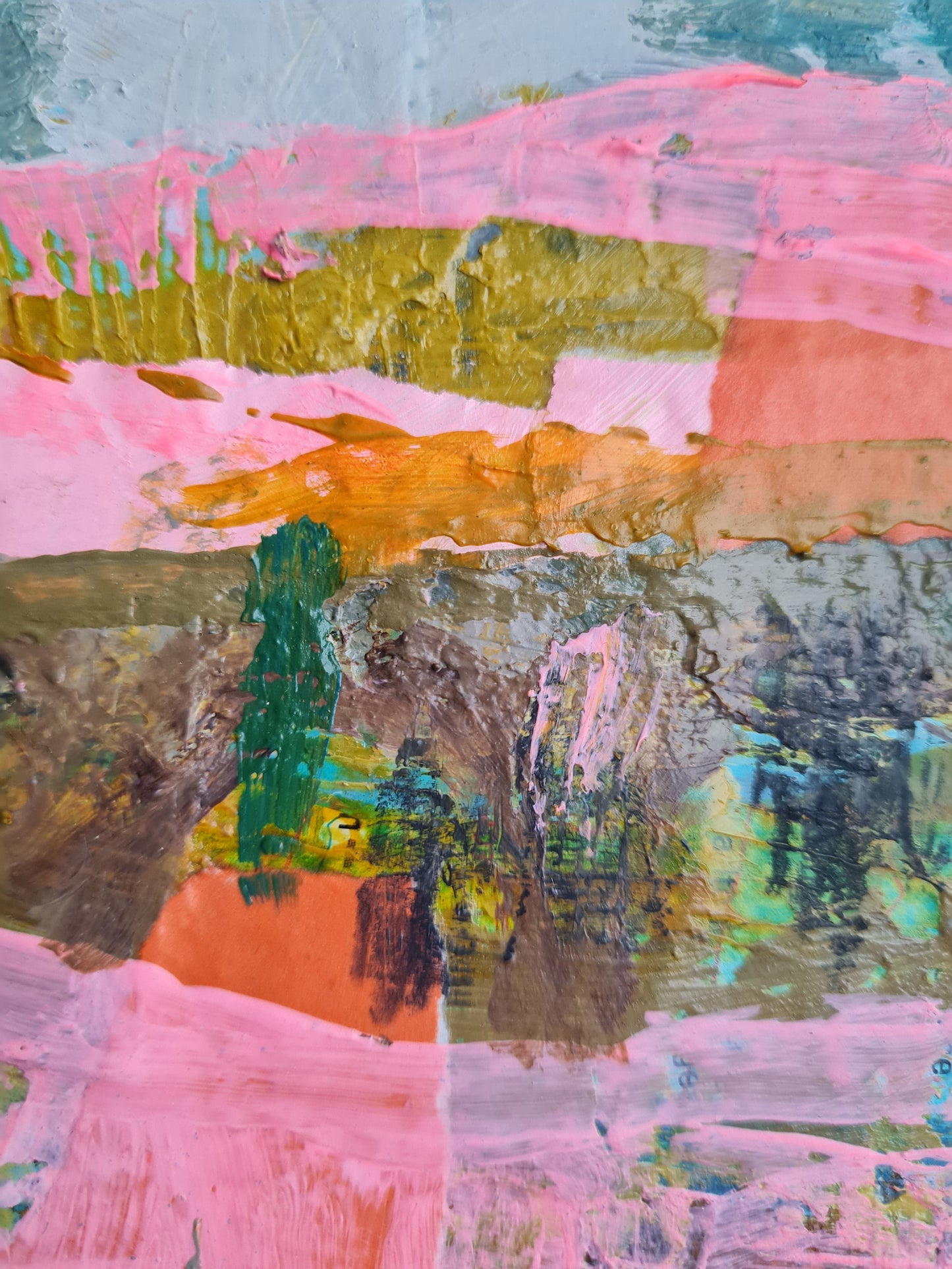 Detail of textured surface of abstract landscape painting
