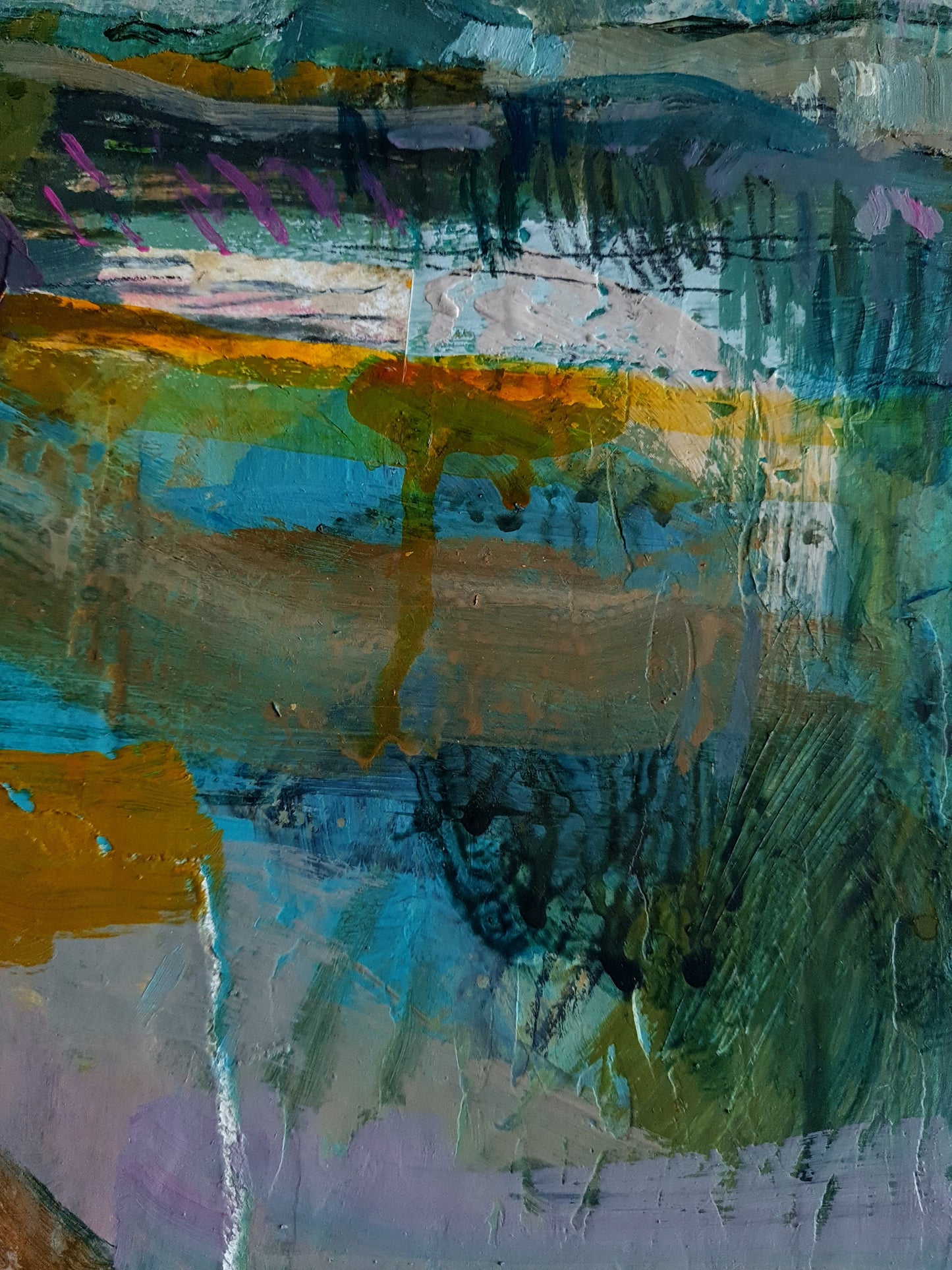 Abstract painting  detail with a mix of blue, green, yellow, and purple hues.