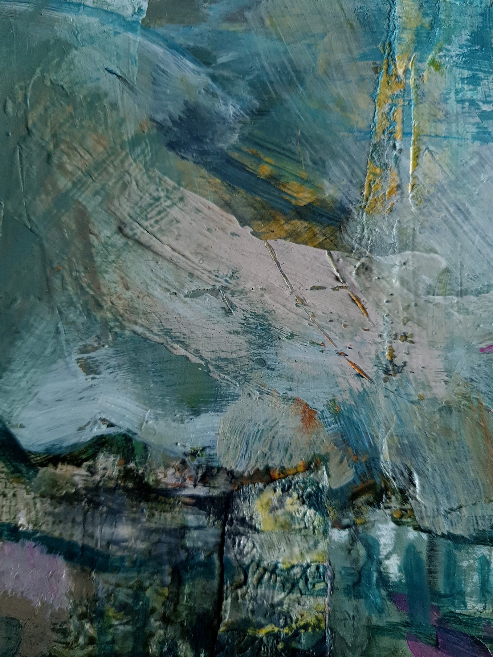 Abstract landscape painting detail with textured brushstrokes in blue, yellow, grey and purple colours.