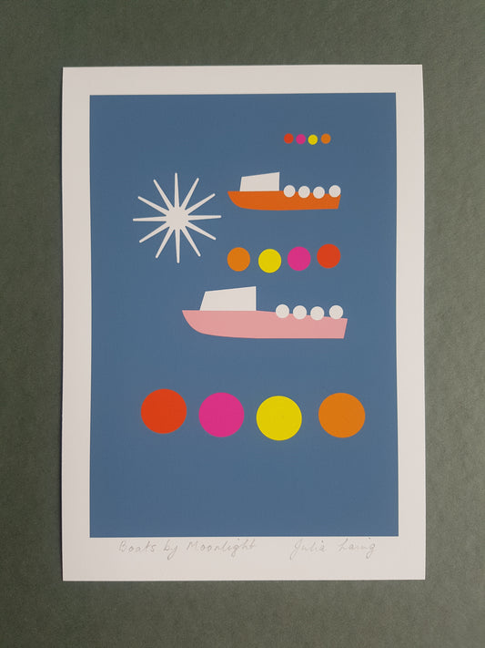 Boats by Moonlight - A5 Retro Nautical Giclee Print