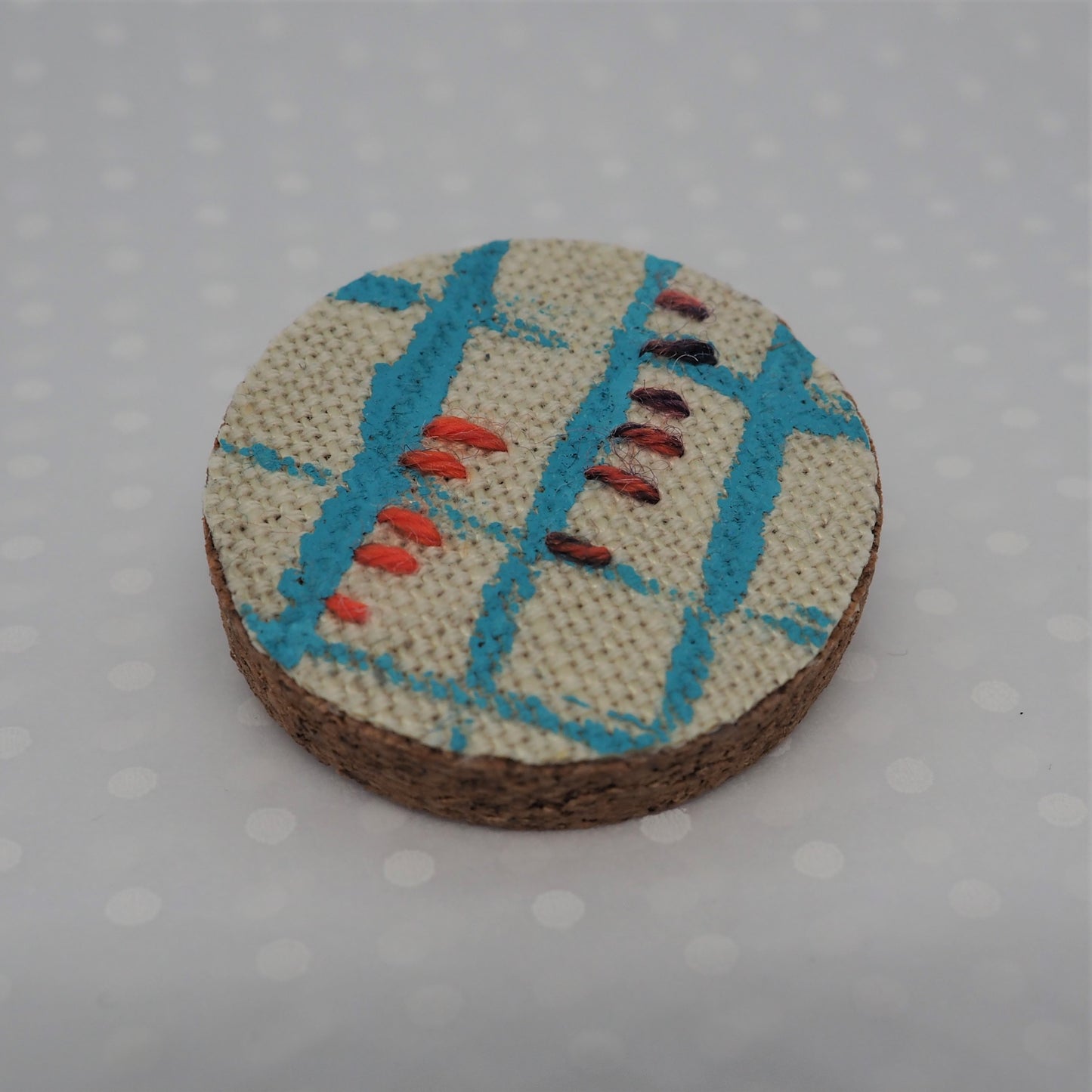Handmade Printed Linen and Cork Brooch - Net Design - Batch 1 Number 9