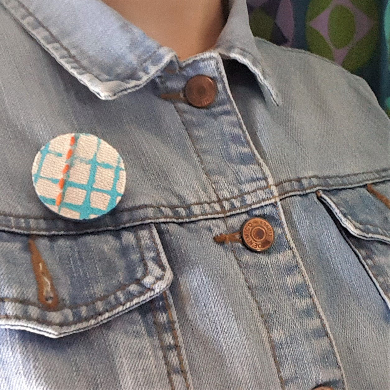 Handmade Printed Linen and Cork Brooch - Net Design - Batch 1 Number 7