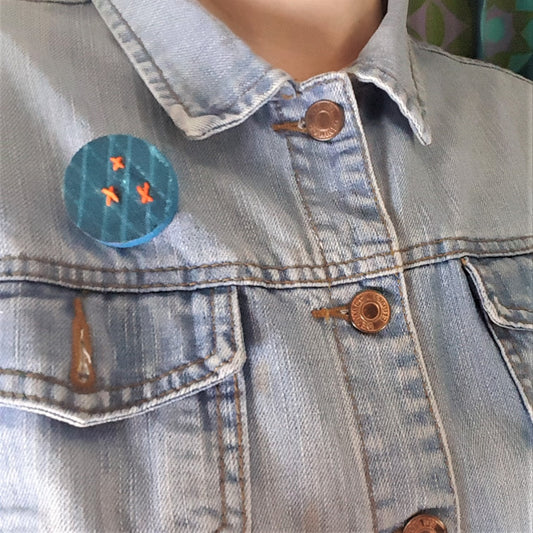 Handmade Printed Linen and Cork Brooch - Net Design - Batch 1 Number 14