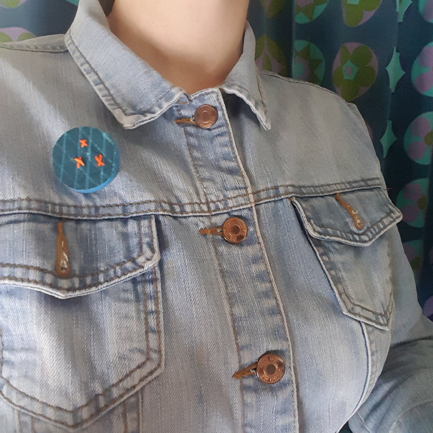 Handmade Printed Linen and Cork Brooch - Net Design - Batch 1 Number 14