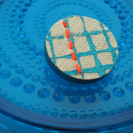 Handmade Printed Linen and Cork Brooch - Net Design - Batch 1 Number 7