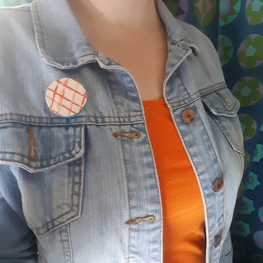 Handmade Printed Linen and Cork Brooch - Net Design - Batch 1 Number 4