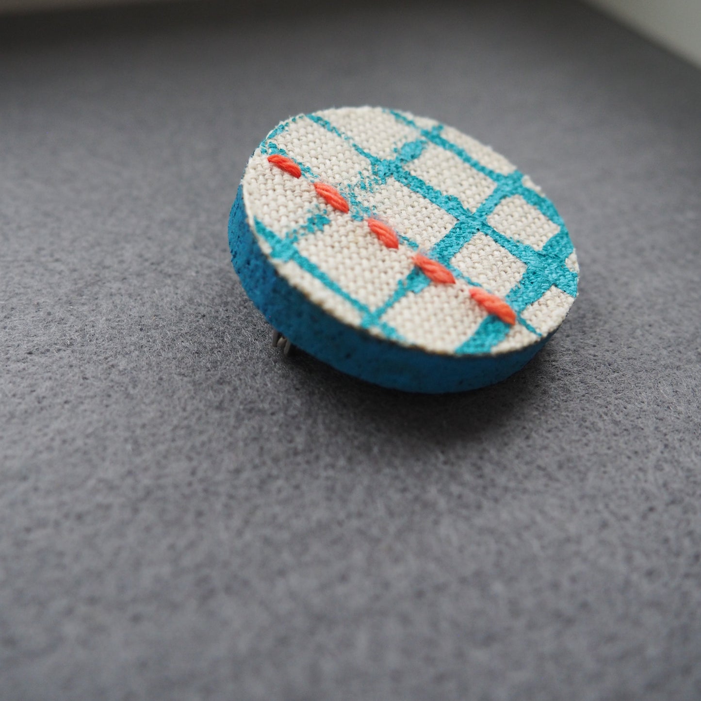 Handmade Printed Linen and Cork Brooch - Net Design - Batch 1 Number 7