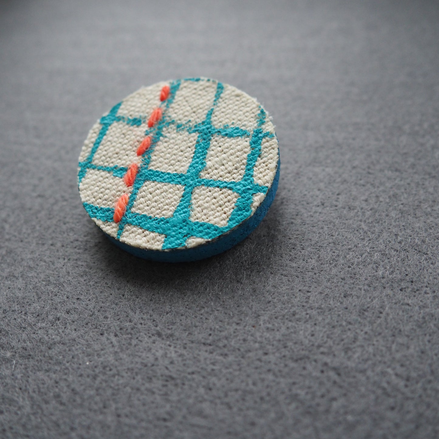 Handmade Printed Linen and Cork Brooch - Net Design - Batch 1 Number 7