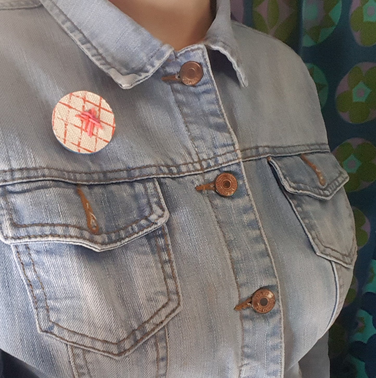 Handmade Printed Linen and Cork Brooch - Net Design - Batch 1 Number 3