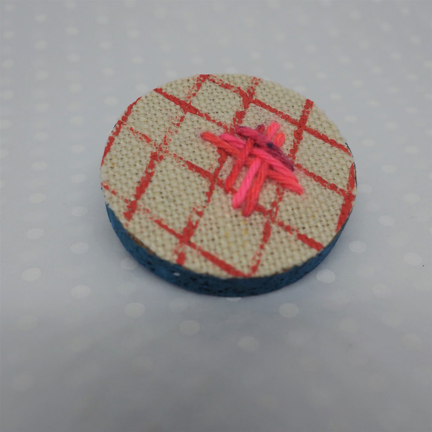Handmade Printed Linen and Cork Brooch - Net Design - Batch 1 Number 3