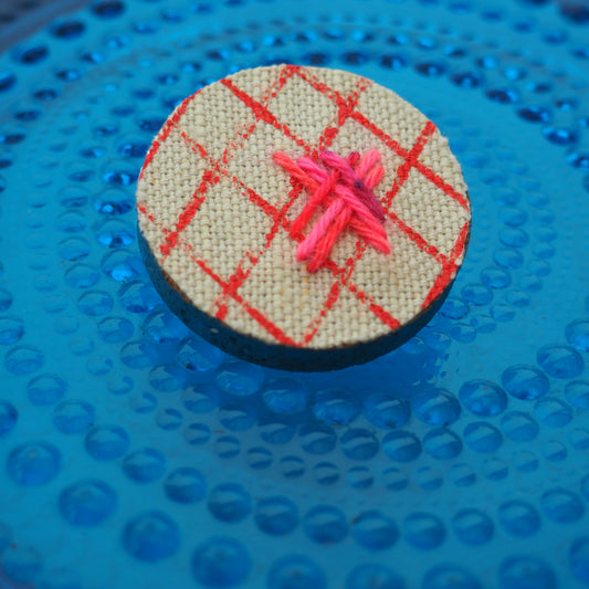 Handmade Printed Linen and Cork Brooch - Net Design - Batch 1 Number 3