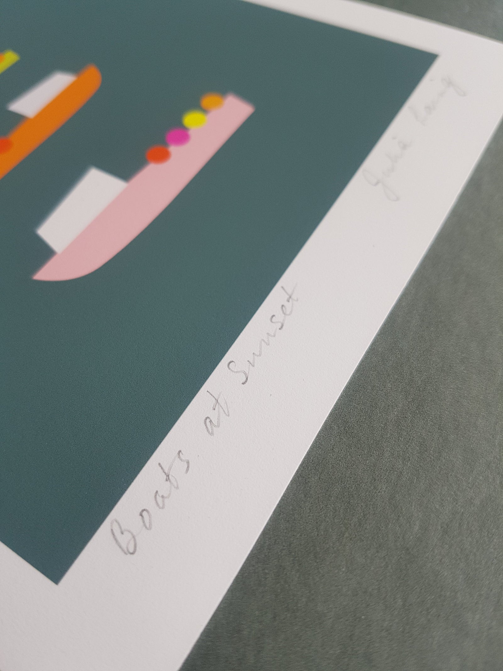 detail of Boats at Sunset A5 nautical print showing writing in the white border of the image