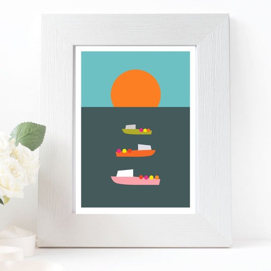 A5 size giclee print featuring a retro nautical theme with boats and a sunset in shades of green and orange, signed on the front.