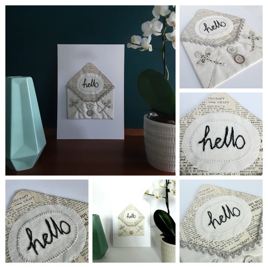 Photo montage of different views of a cream textile-art envelope with black embroidered text, which reads hello. Handmade in Scotland by Julia Laing