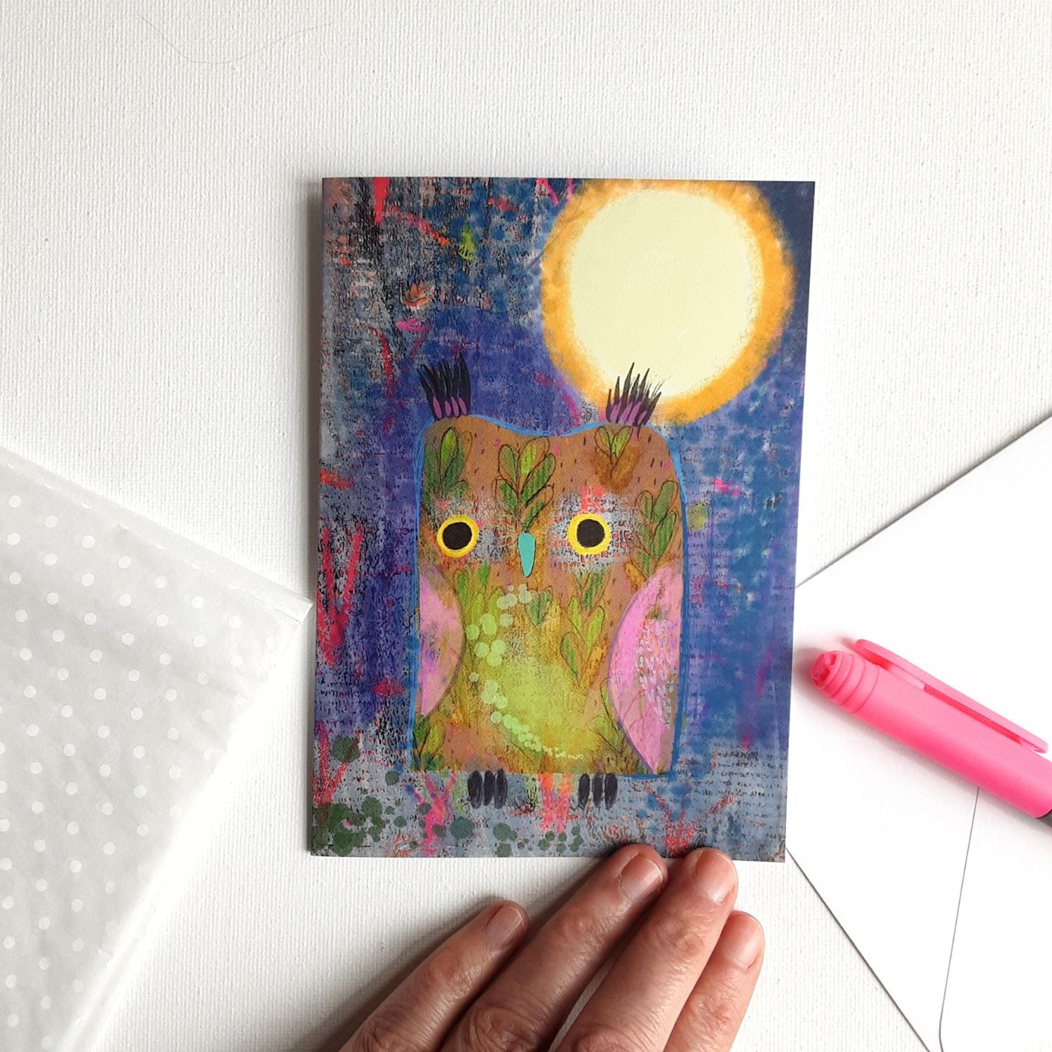 Picture of owl greeting cards on white background by UK indie designer Julia Laing