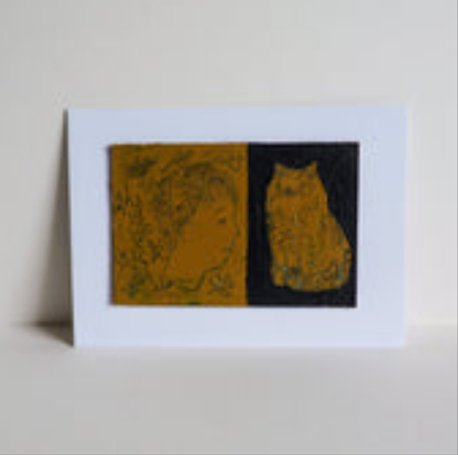 'Daydreamer With Tabby Sgraffito' Postcard Size Original Painting