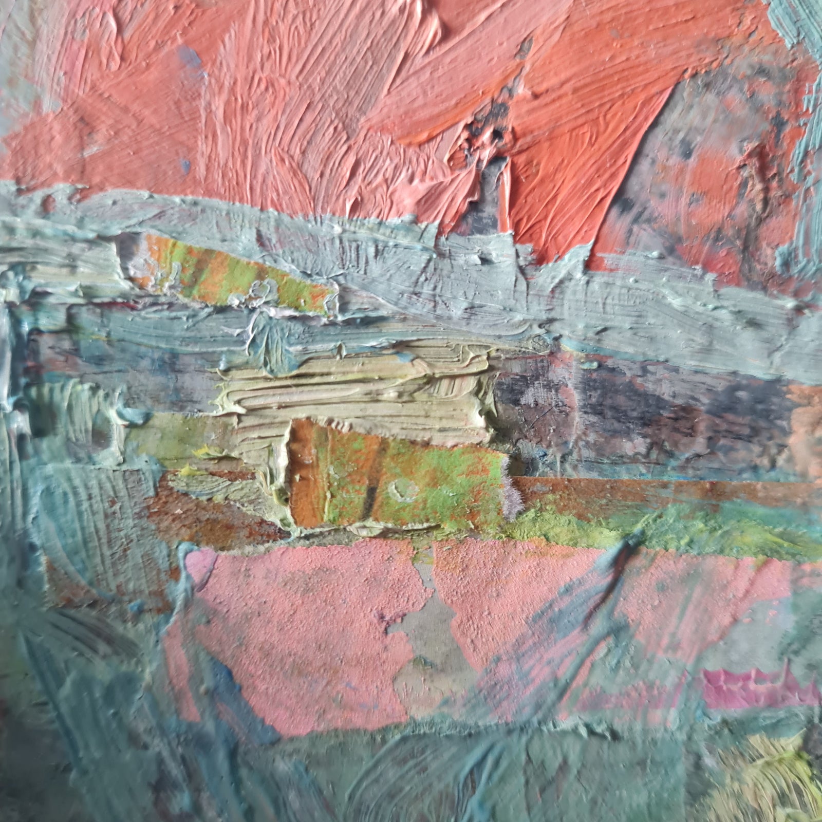 Abstract art with textured brushstrokes in orange, green, and grey.