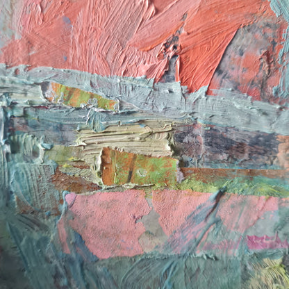 Abstract art with textured brushstrokes in orange, green, and grey.