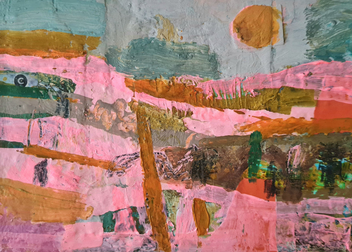 Abstract landscape painting with pink, orange, and green colours on a white wall.
