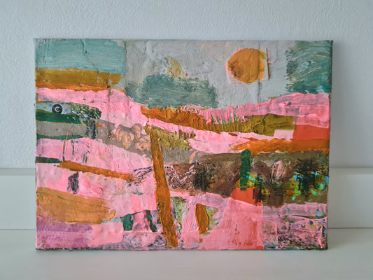 Abstract landscape painting with pink, orange, and green colours on a white wall.