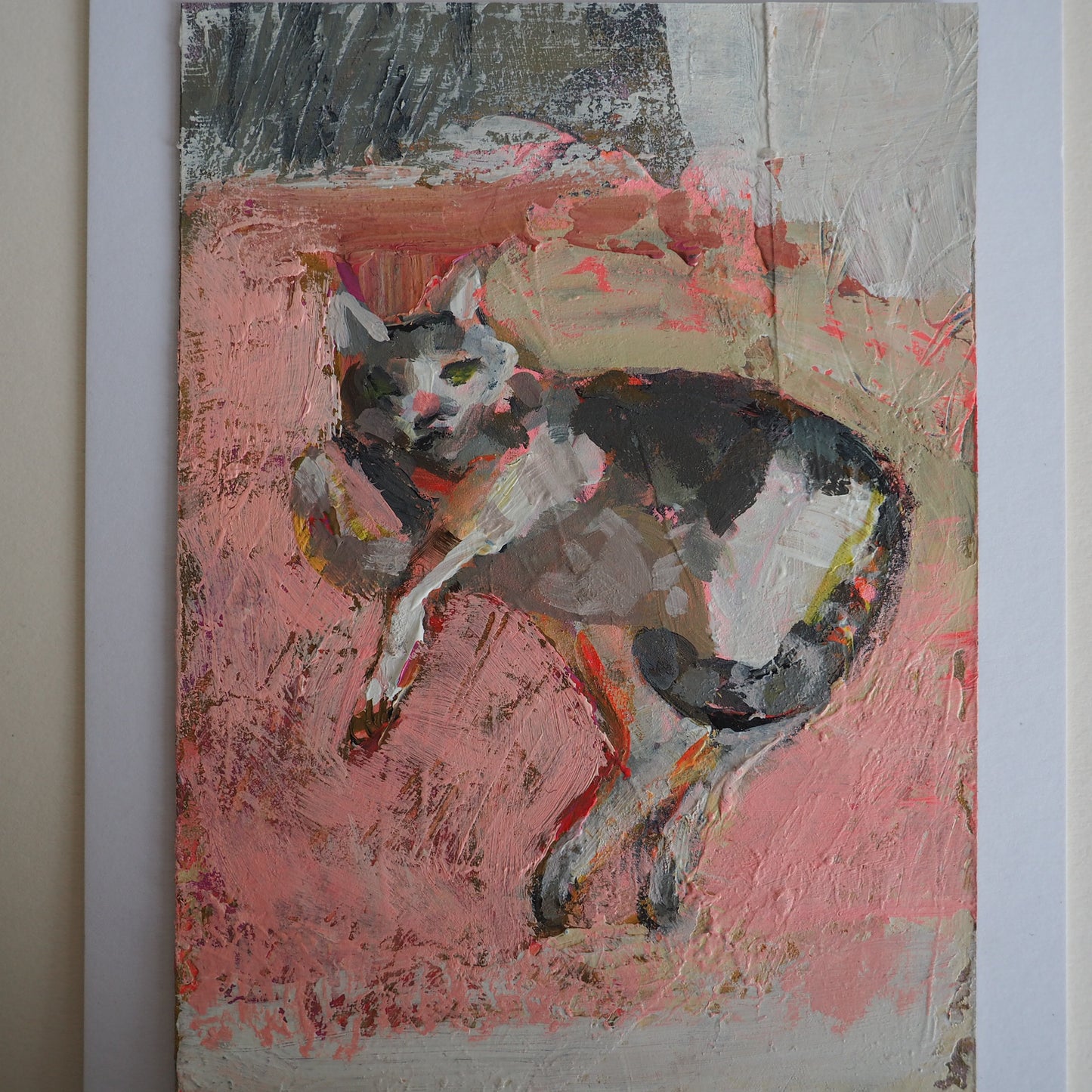 Small Acrylic Painting 'Cat on a Pink Mat'