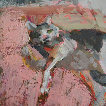 Small Acrylic Painting 'Cat on a Pink Mat'