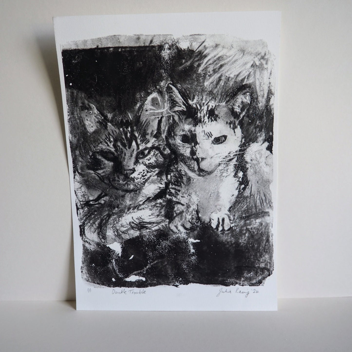 Charcoal Monoprint Artwork on Paper of Two Cats 'Double Trouble'