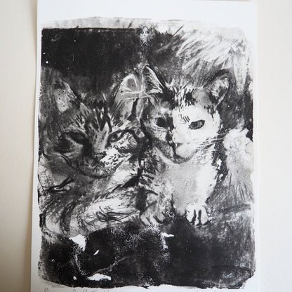 Charcoal Monoprint Artwork on Paper of Two Cats 'Double Trouble'