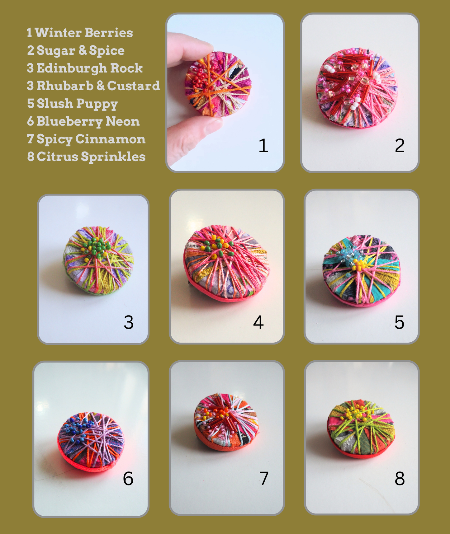 Colourful textured round brooches with names on a green background