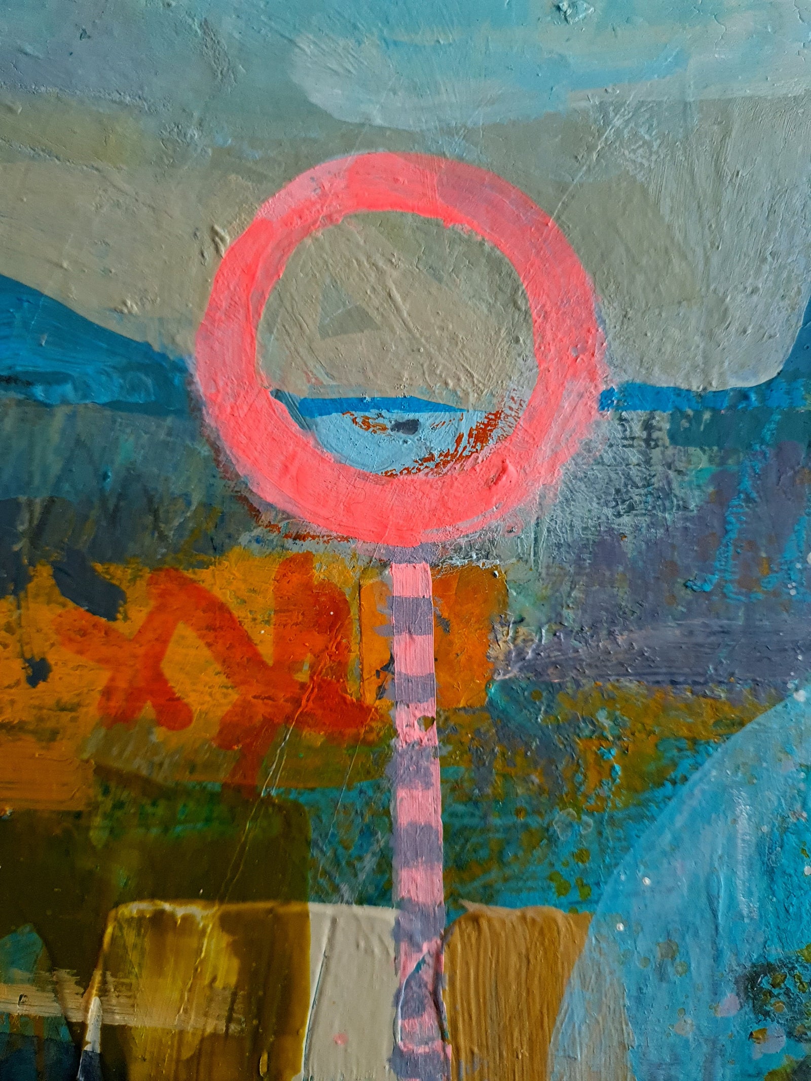 Abstract art detail with a pink circle and colourful brush strokes