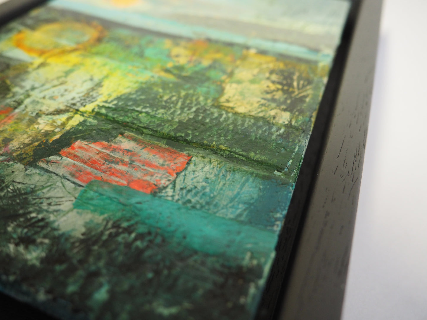 Close up of small abstract landscape painting by Julia Laing.