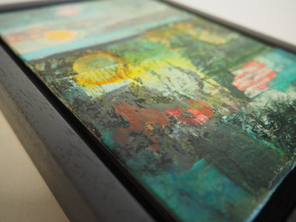 Close up of wooden frame and textural details of abstract landscape painting by Julia Laing.