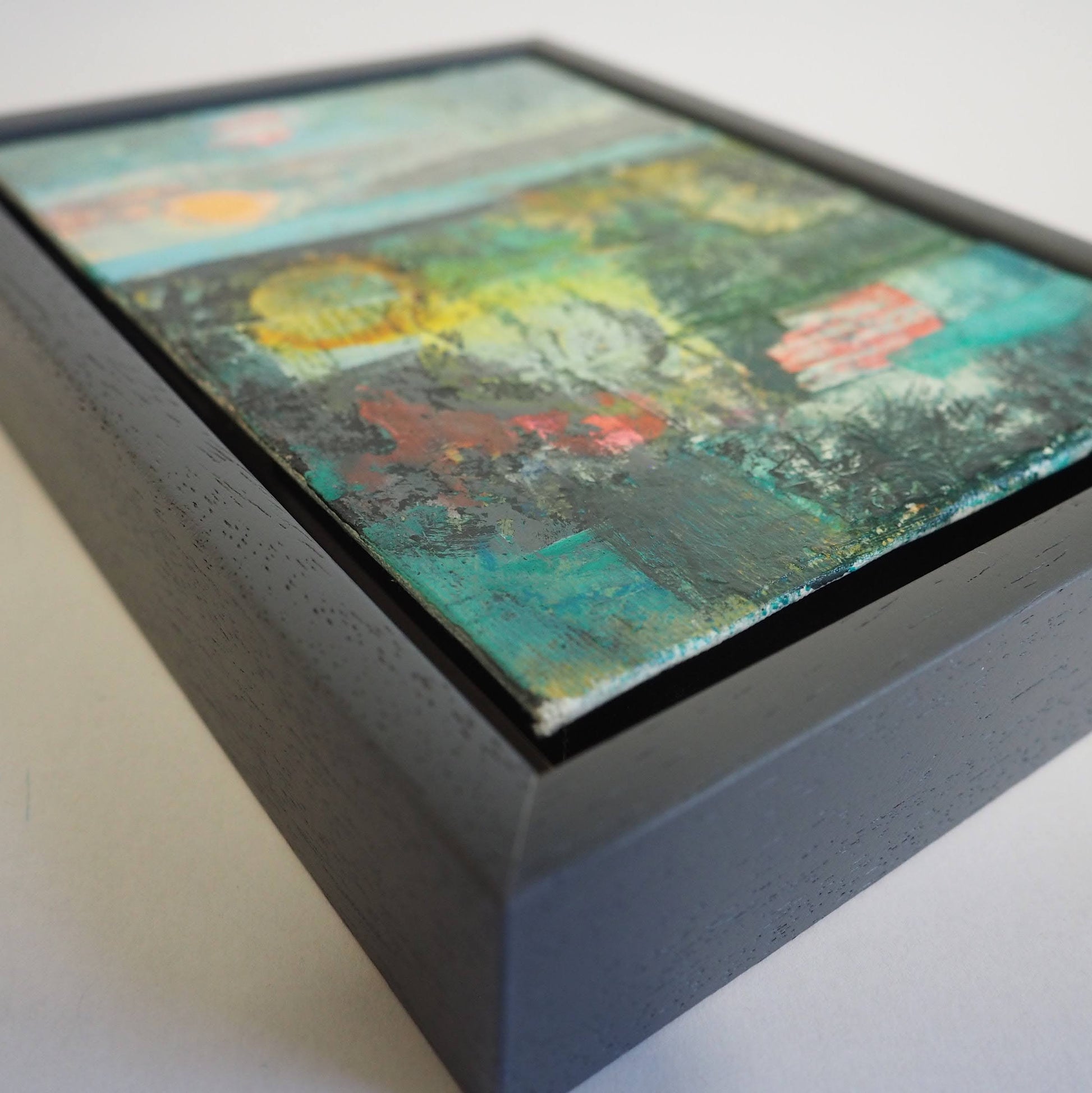 View of the grey frame on the abstract landscape by Julia Laing