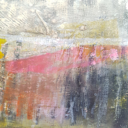 Close up of paint textures on Misty Morning mixed media artwork.