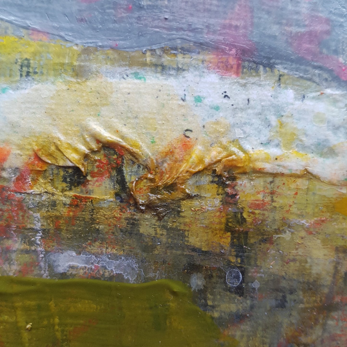 Detail of textures on mixed media art work by Julia Laing, Misty Morning.