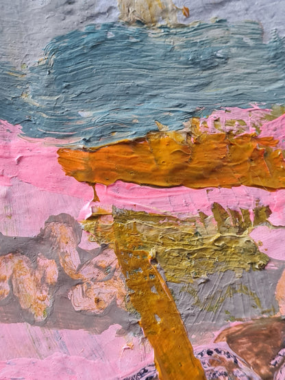 Abstract art detail with textured brushstrokes in pink, grey blue, and gold.