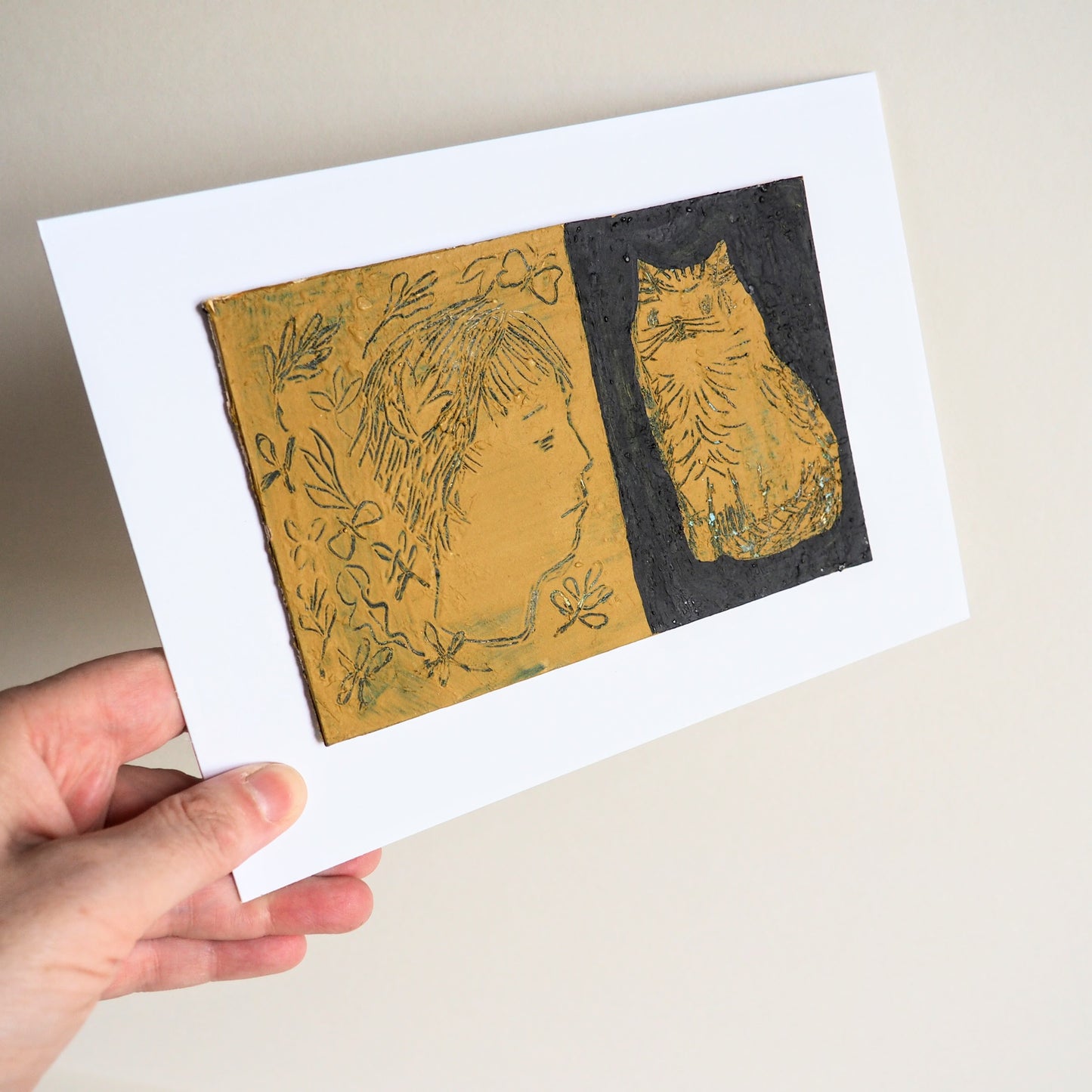 'Daydreamer With Tabby Sgraffito' Postcard Size Original Painting