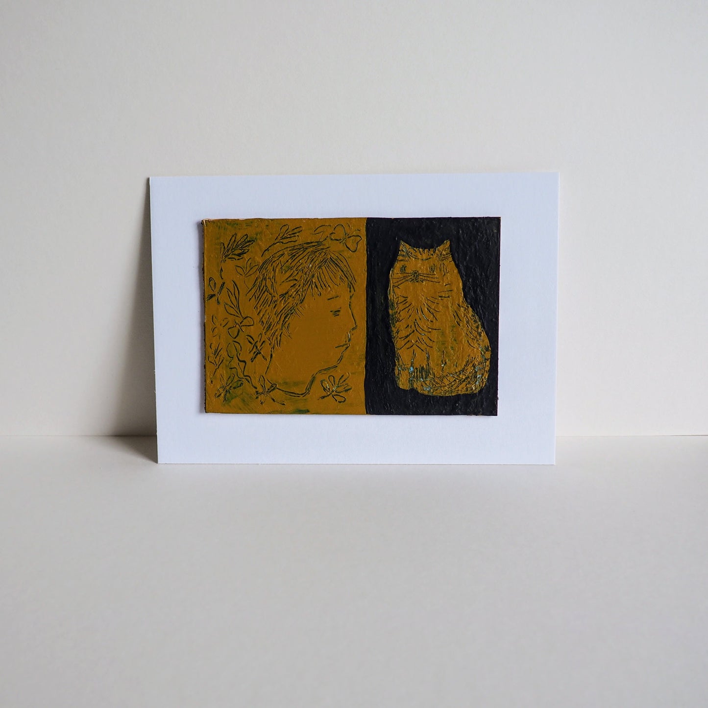 'Daydreamer With Tabby Sgraffito' Postcard Size Original Painting