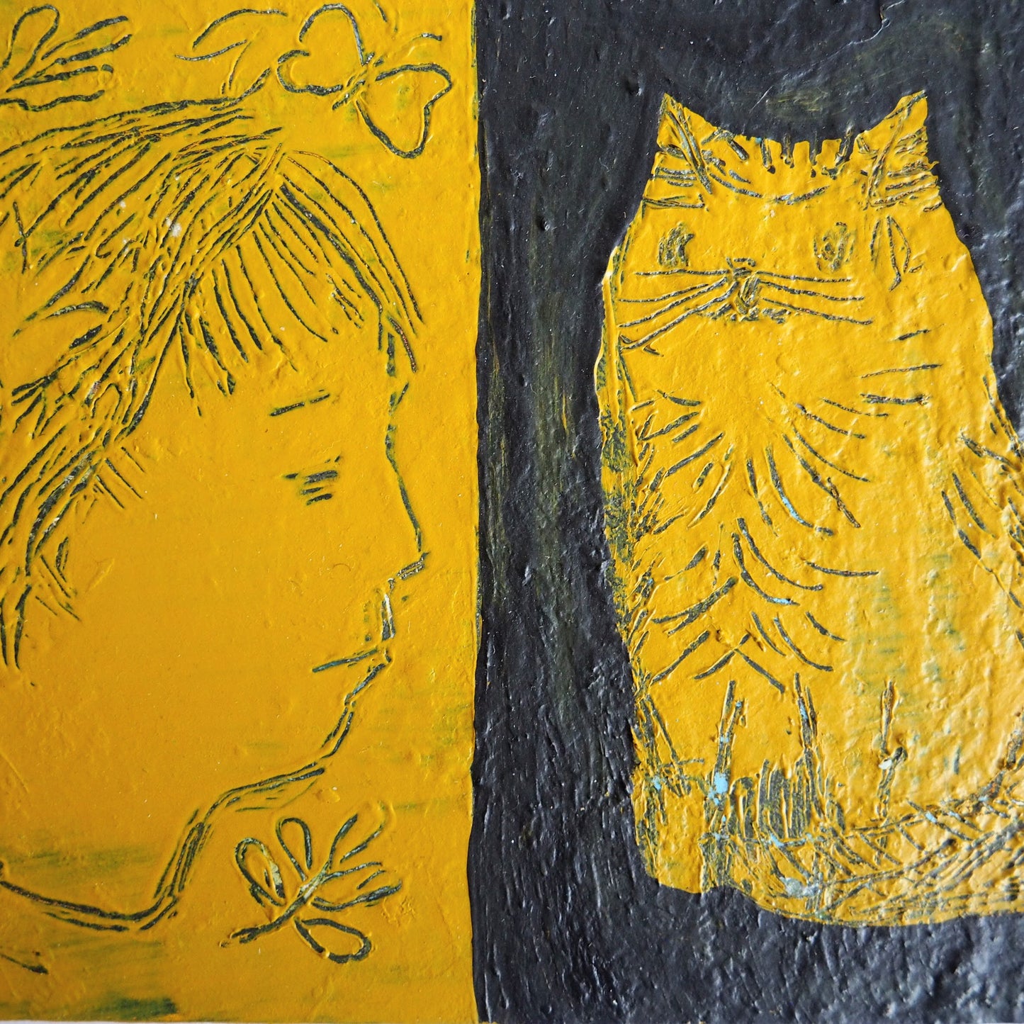 'Daydreamer With Tabby Sgraffito' Postcard Size Original Painting