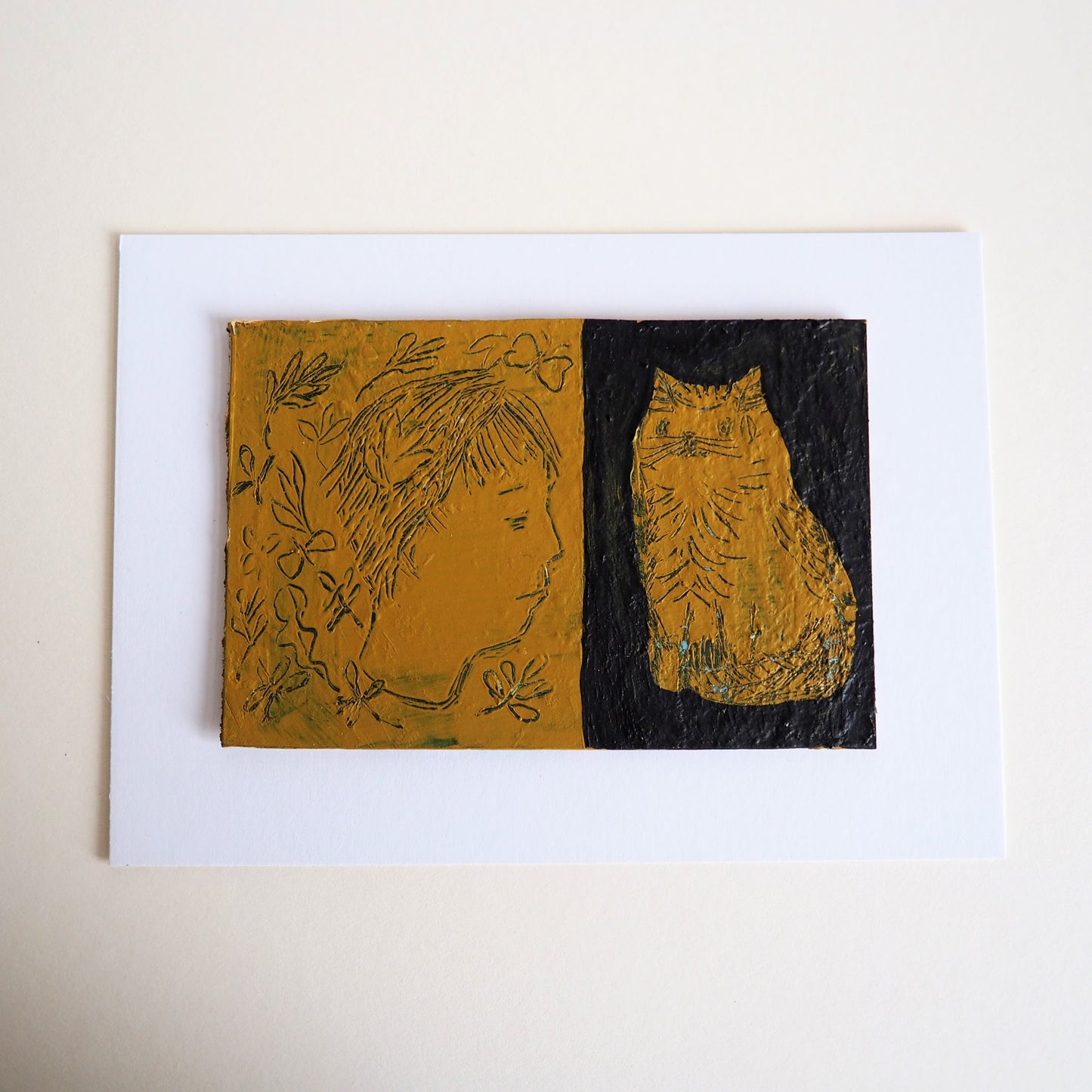 'Daydreamer With Tabby Sgraffito' Postcard Size Original Painting