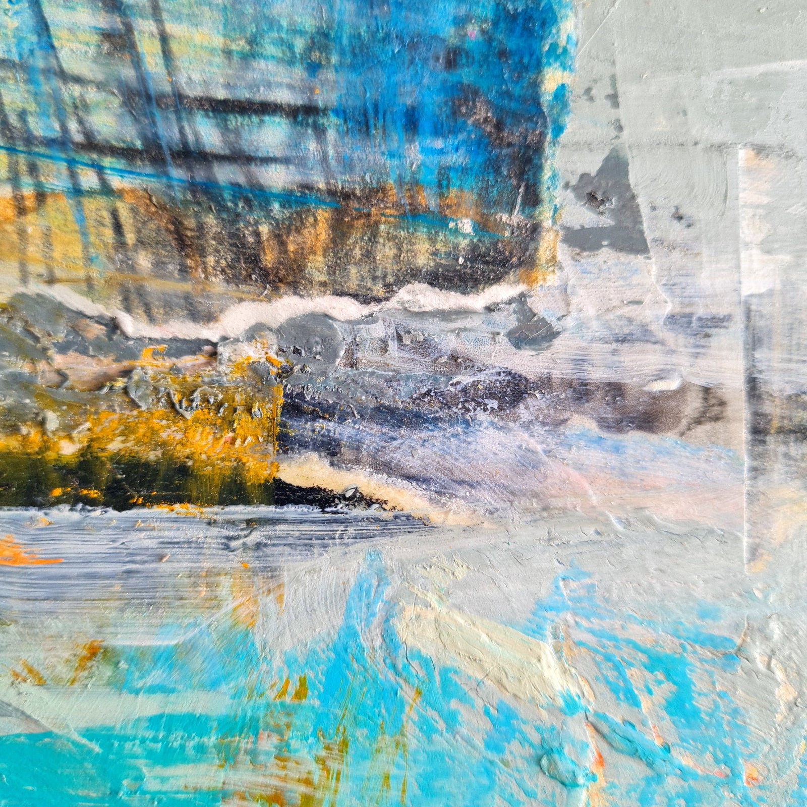 Abstract art with blue, gray, and yellow colors